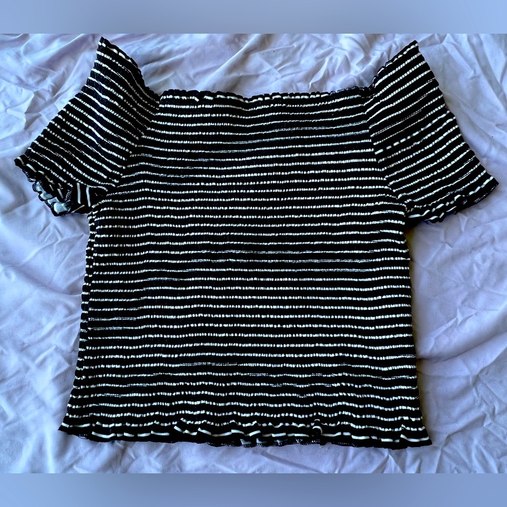 Black & White Striped Off-Shoulder Ribbed Crop Top